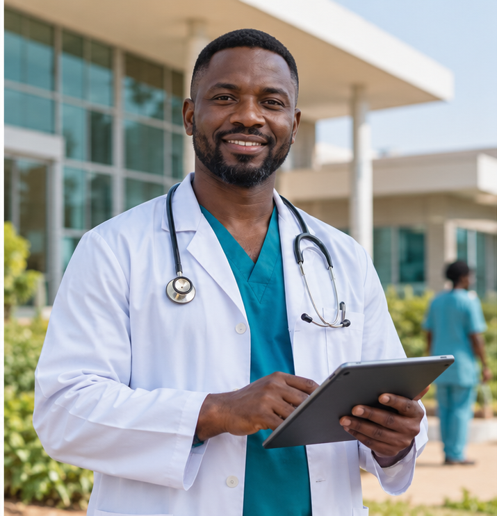 Healthcare professional holding a tablet outside a medical facility
