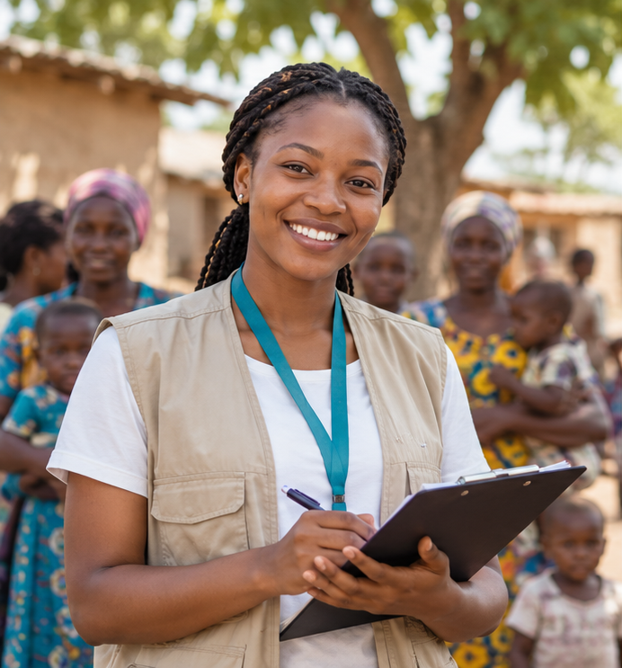 Community outreach worker holding a clipboard outdoors